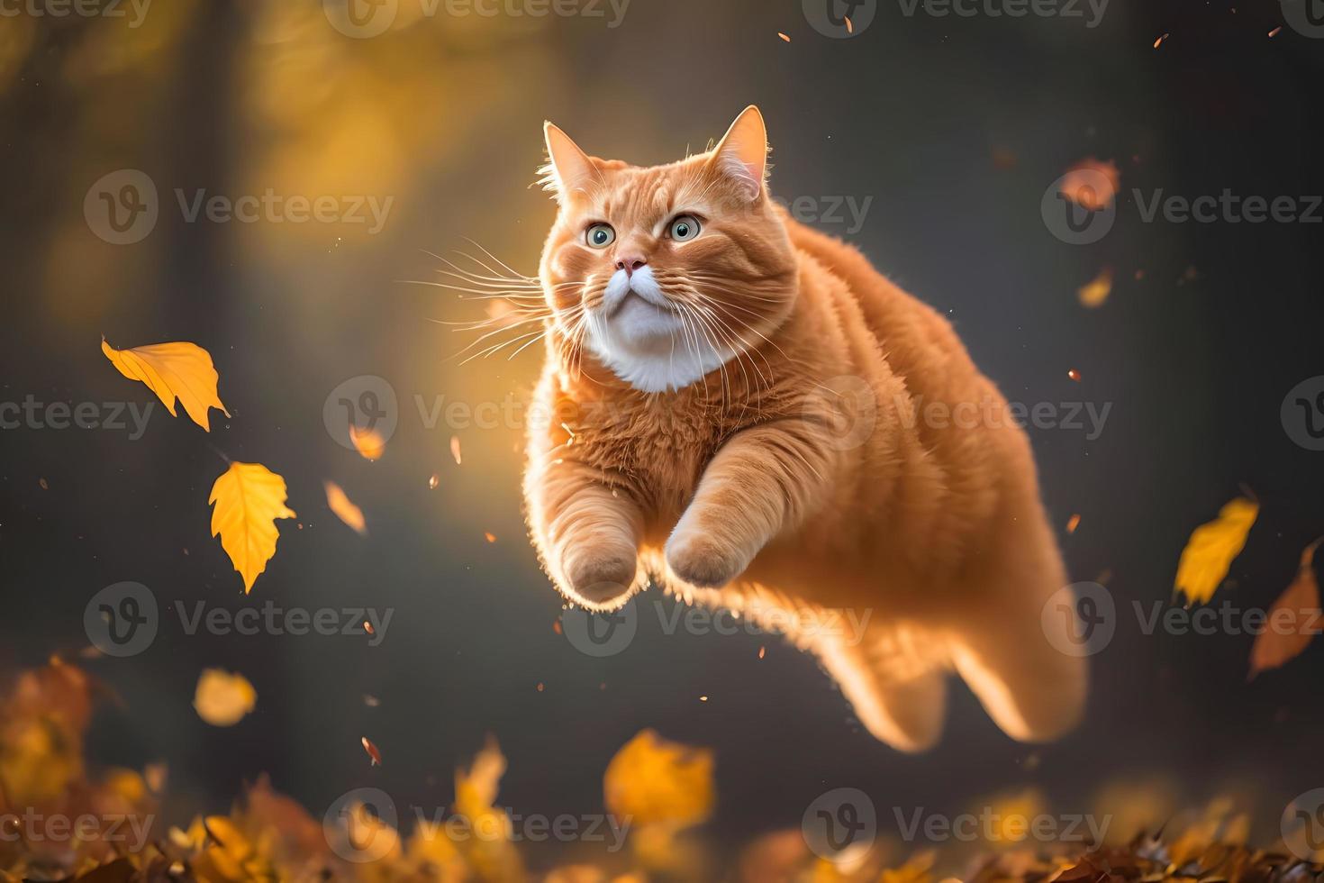 retrato gracioso rojo gato volador en el aire en otoño fotografía foto