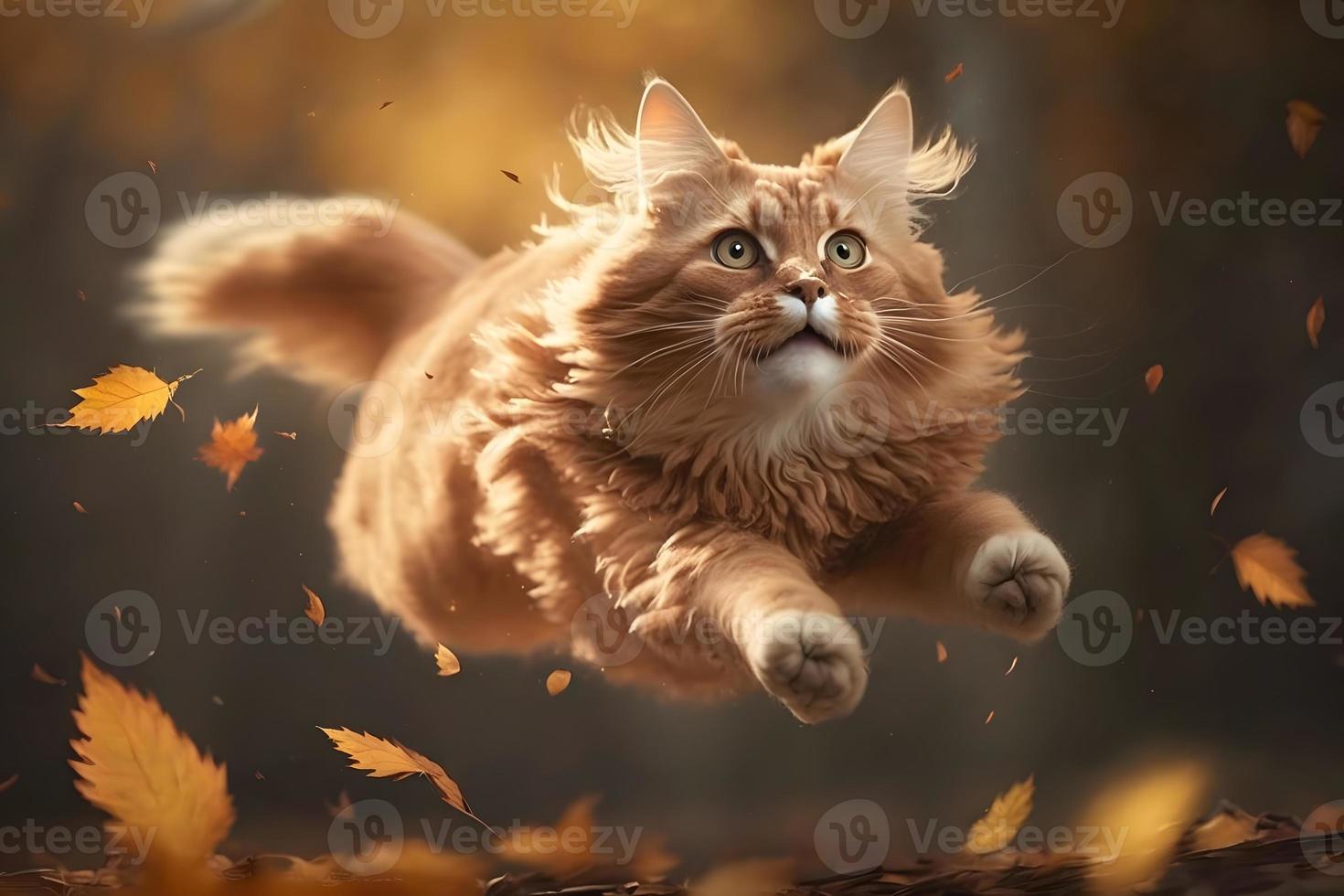 Portrait Funny red cat flying in the air in autumn photography photo