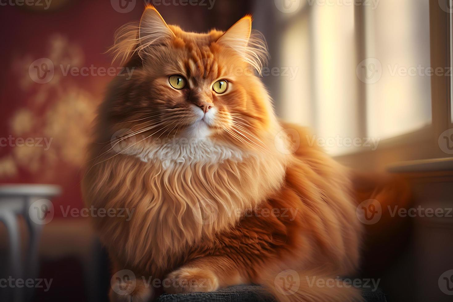 Portrait of a funny beautiful red fluffy cat in the interior, pets photography photo