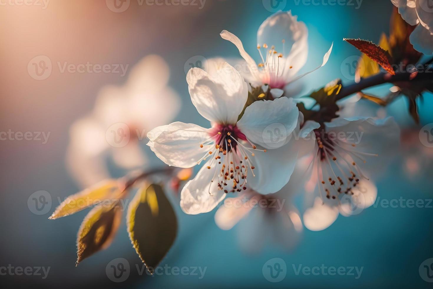 Photos Branches of blossoming cherry macro with soft focus on gentle light blue sky background in sunlight with copy space. Beautiful floral image of spring nature, photography