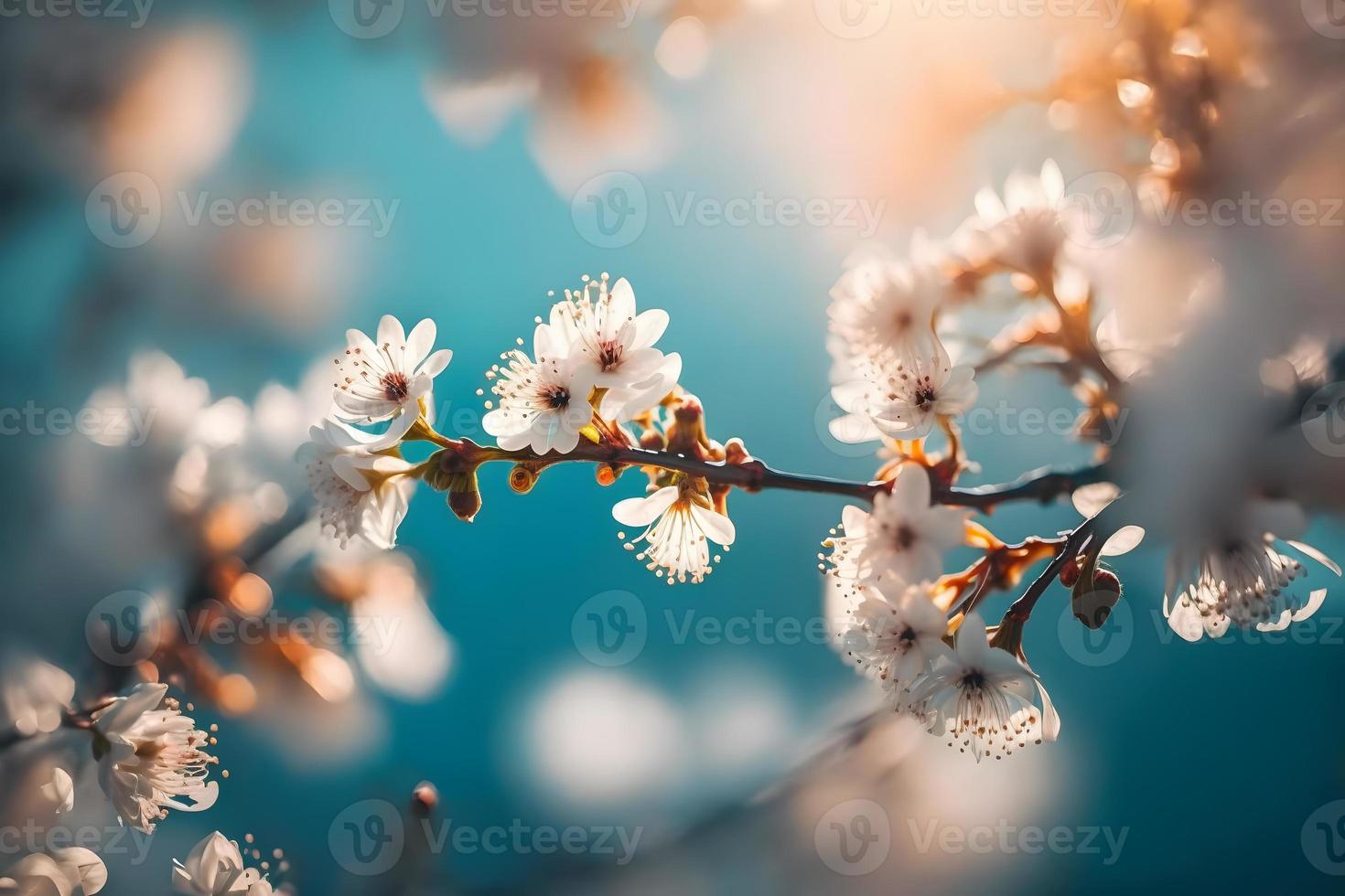 Photos Branches of blossoming cherry macro with soft focus on gentle light blue sky background in sunlight with copy space. Beautiful floral image of spring nature, photography