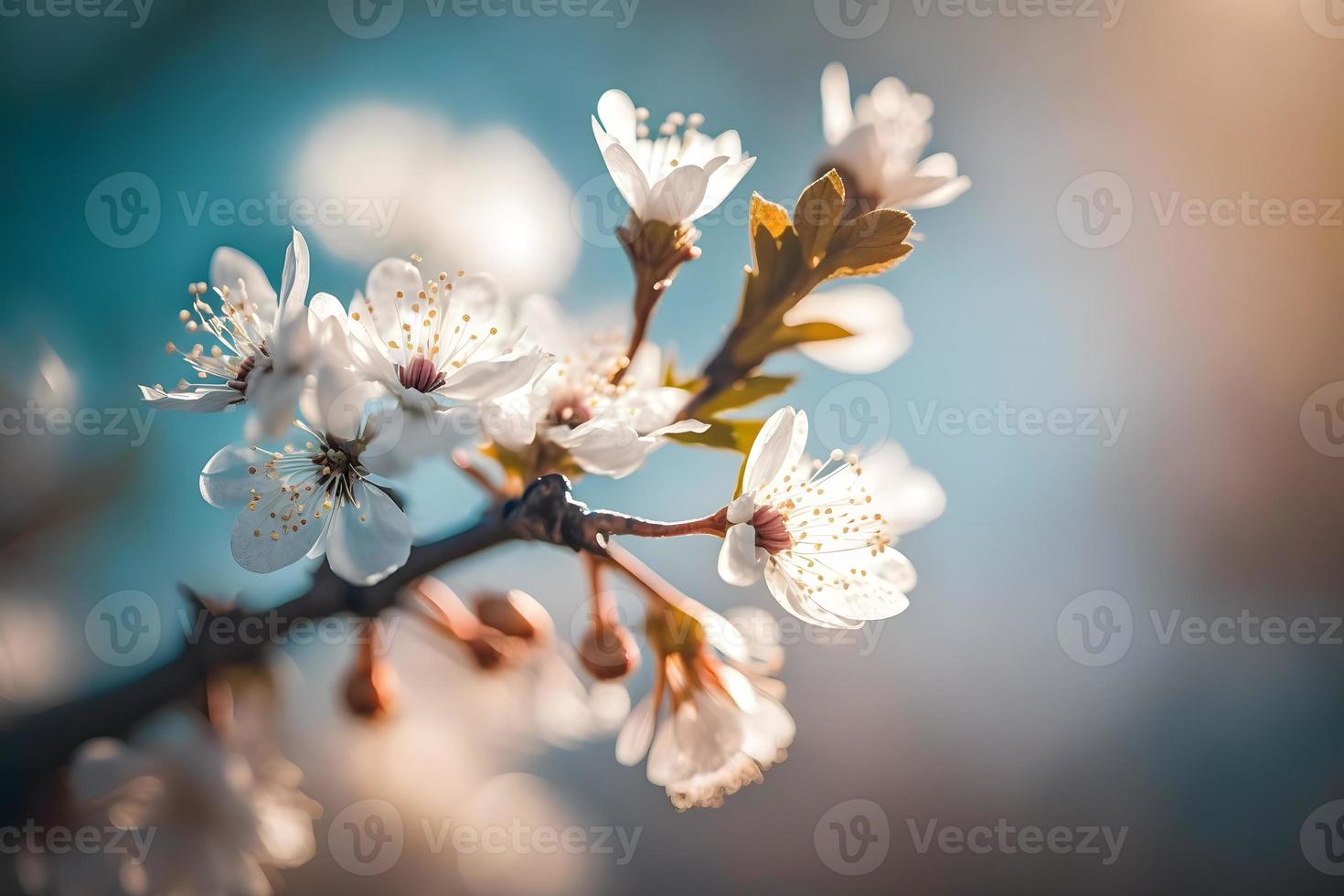 Photos Branches of blossoming cherry macro with soft focus on gentle light blue sky background in sunlight with copy space. Beautiful floral image of spring nature, photography