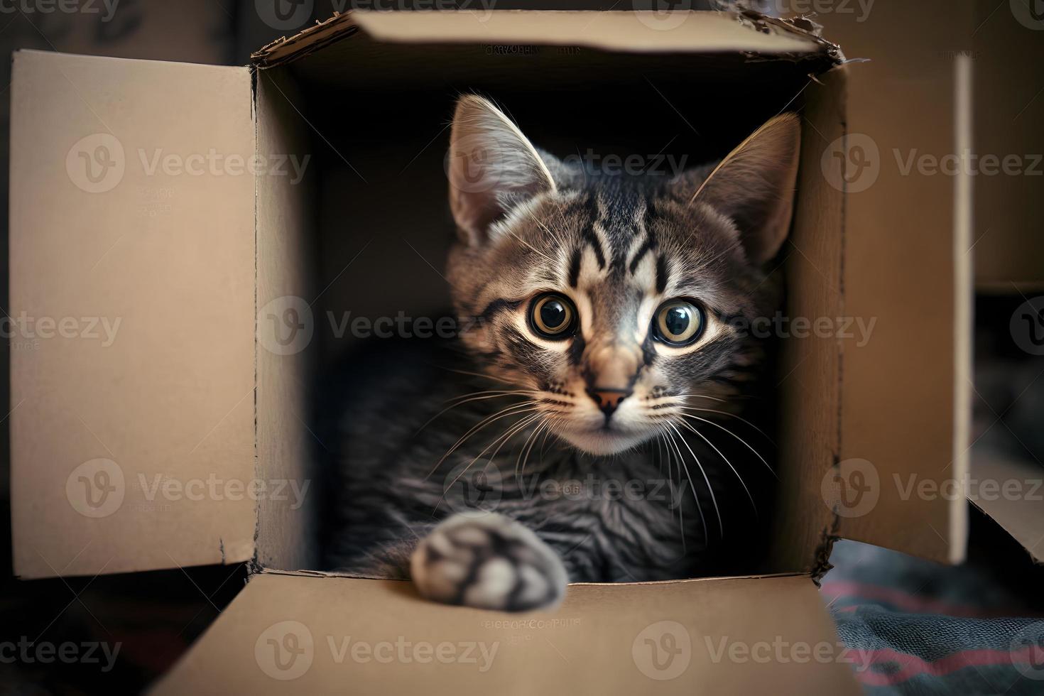 Portrait Cute grey tabby cat in cardboard box on floor at home photography 20383152 Stock Photo
