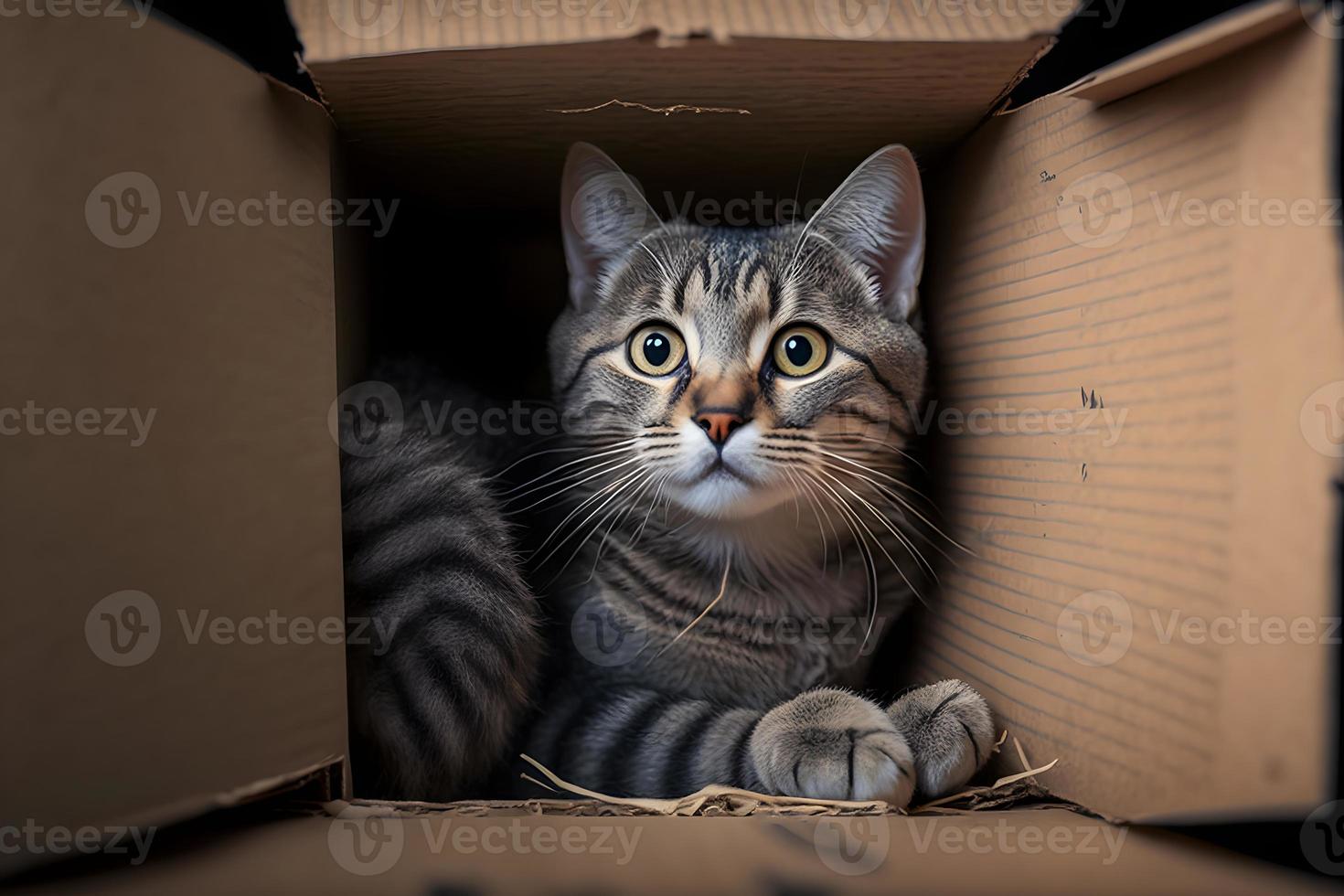 Portrait Cute grey tabby cat in cardboard box on floor at home photography photo