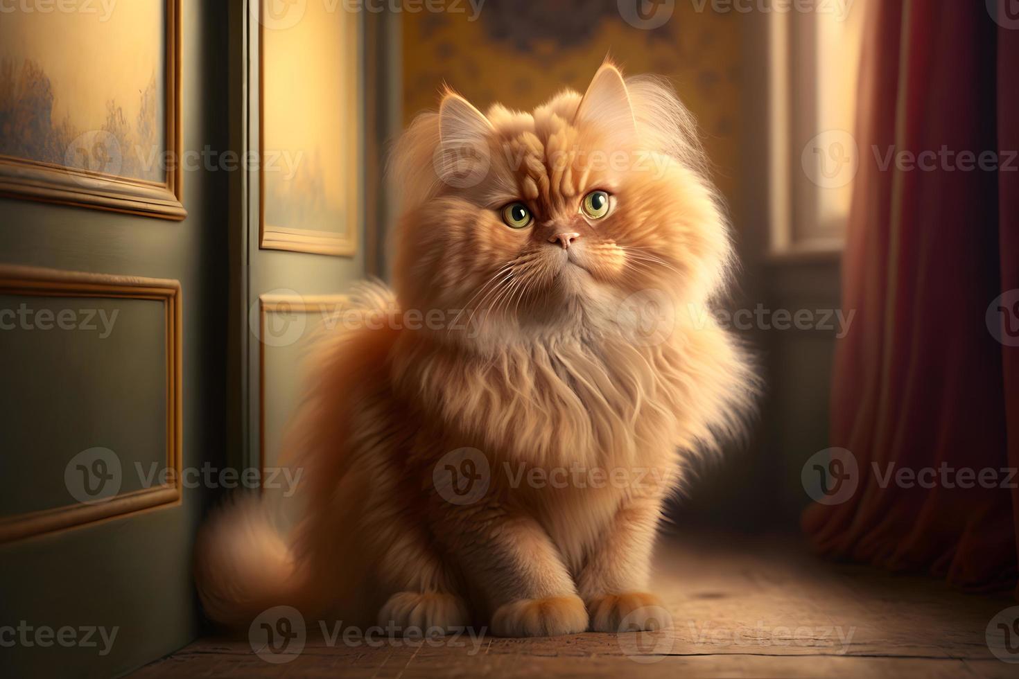 Portrait of a funny beautiful red fluffy cat in the interior, pets photography photo