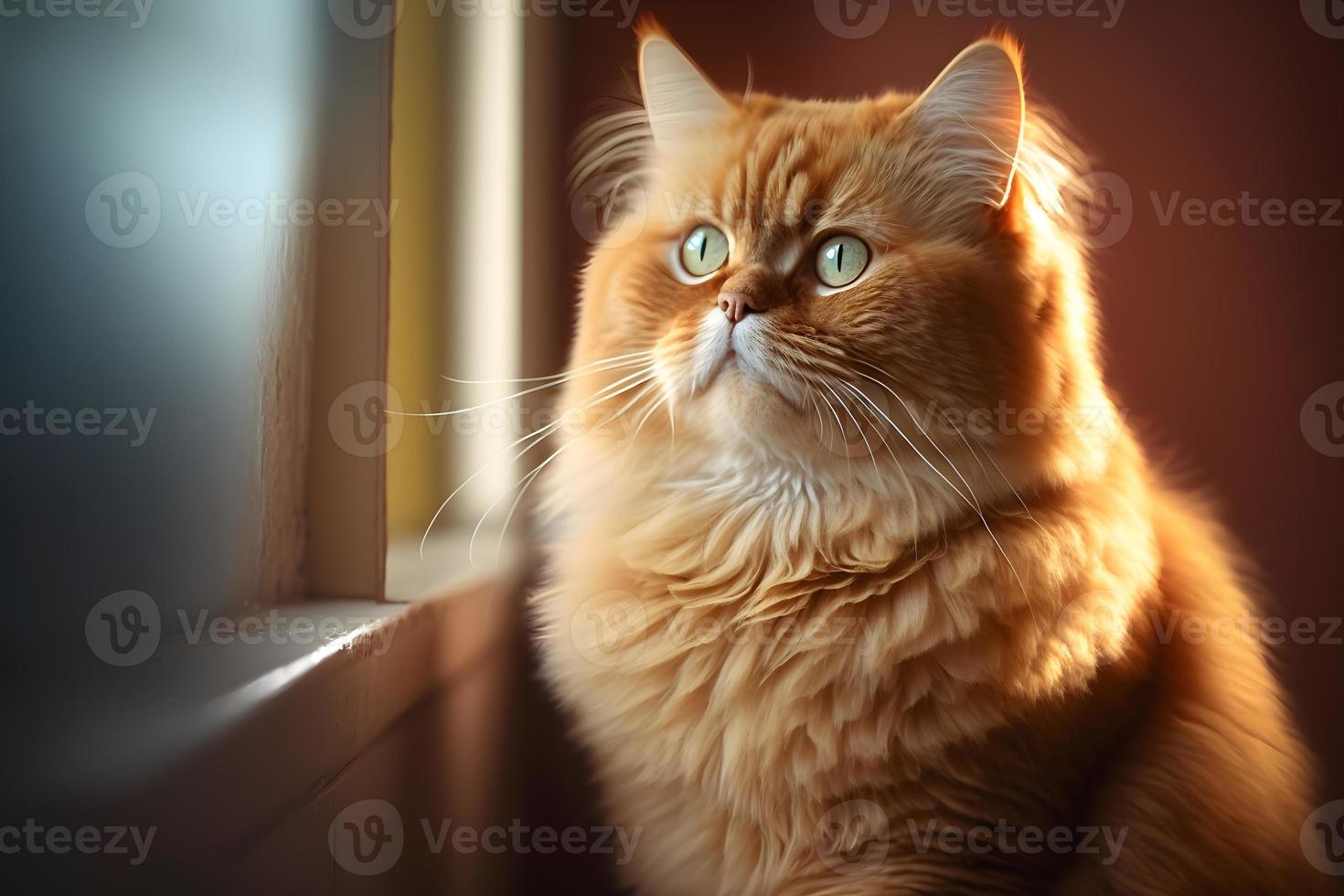 Portrait of a funny beautiful red fluffy cat in the interior, pets photography photo