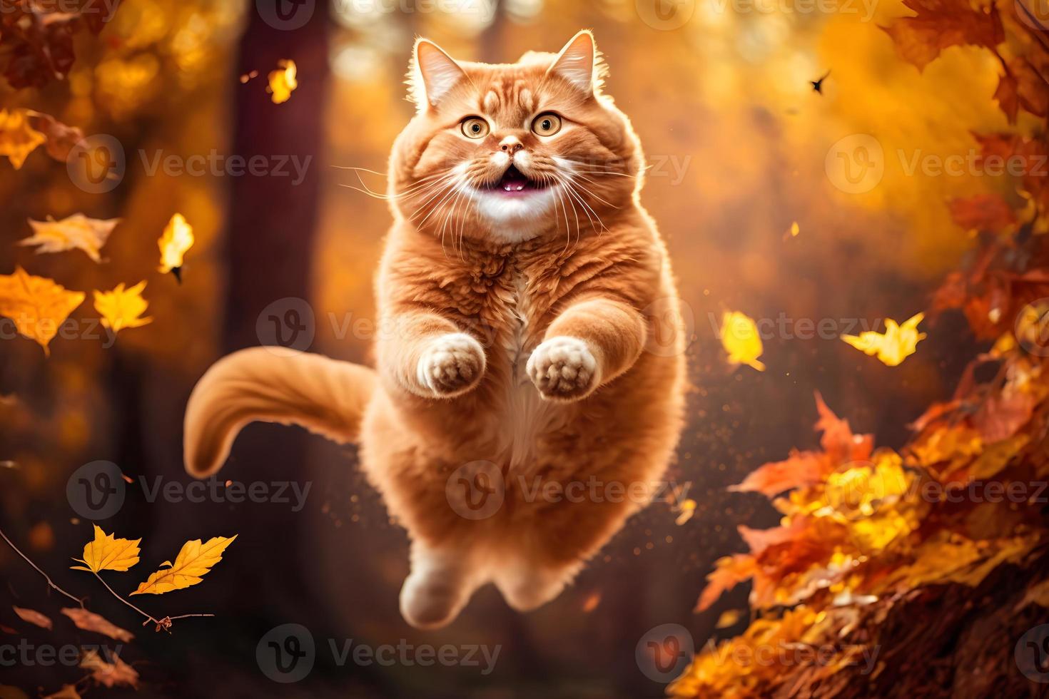 retrato gracioso rojo gato volador en el aire en otoño fotografía foto