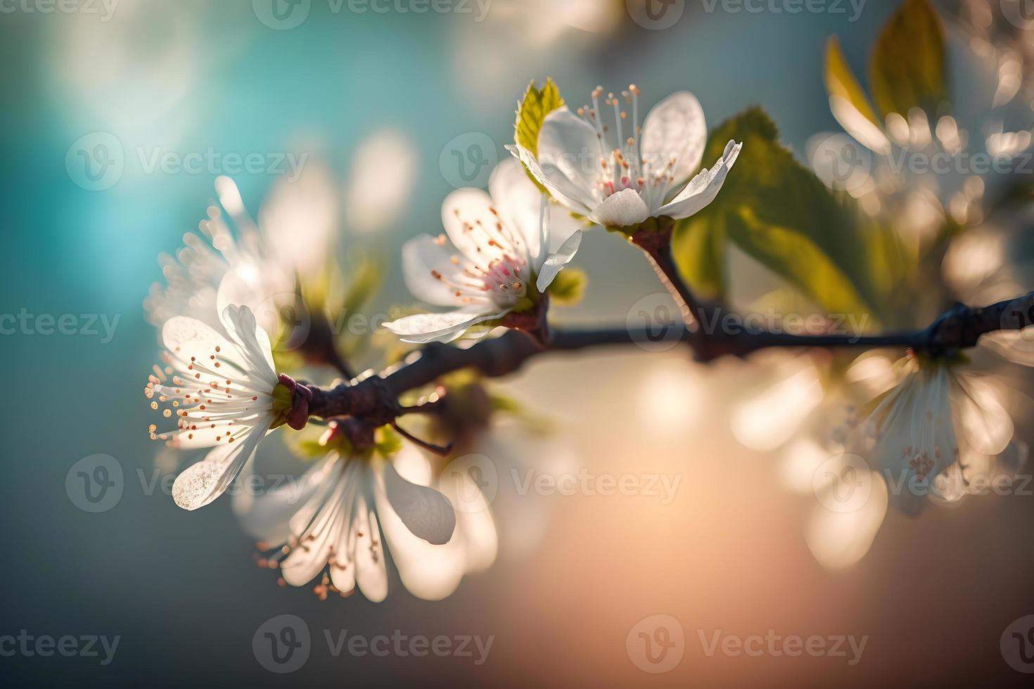 Photos Branches of blossoming cherry macro with soft focus on gentle light blue sky background in sunlight with copy space. Beautiful floral image of spring nature, photography