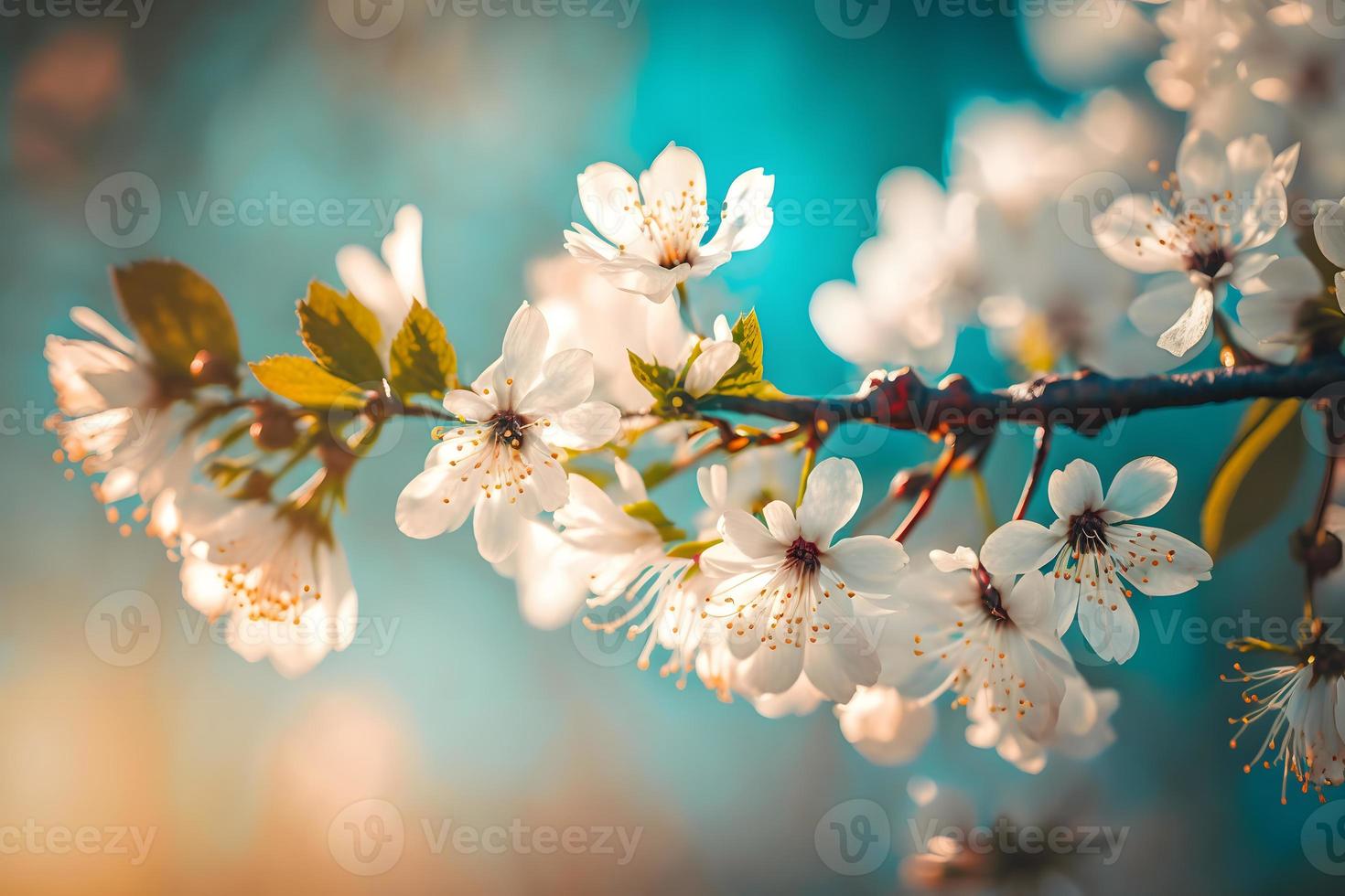 Photos Branches of blossoming cherry macro with soft focus on gentle light blue sky background in sunlight with copy space. Beautiful floral image of spring nature, photography