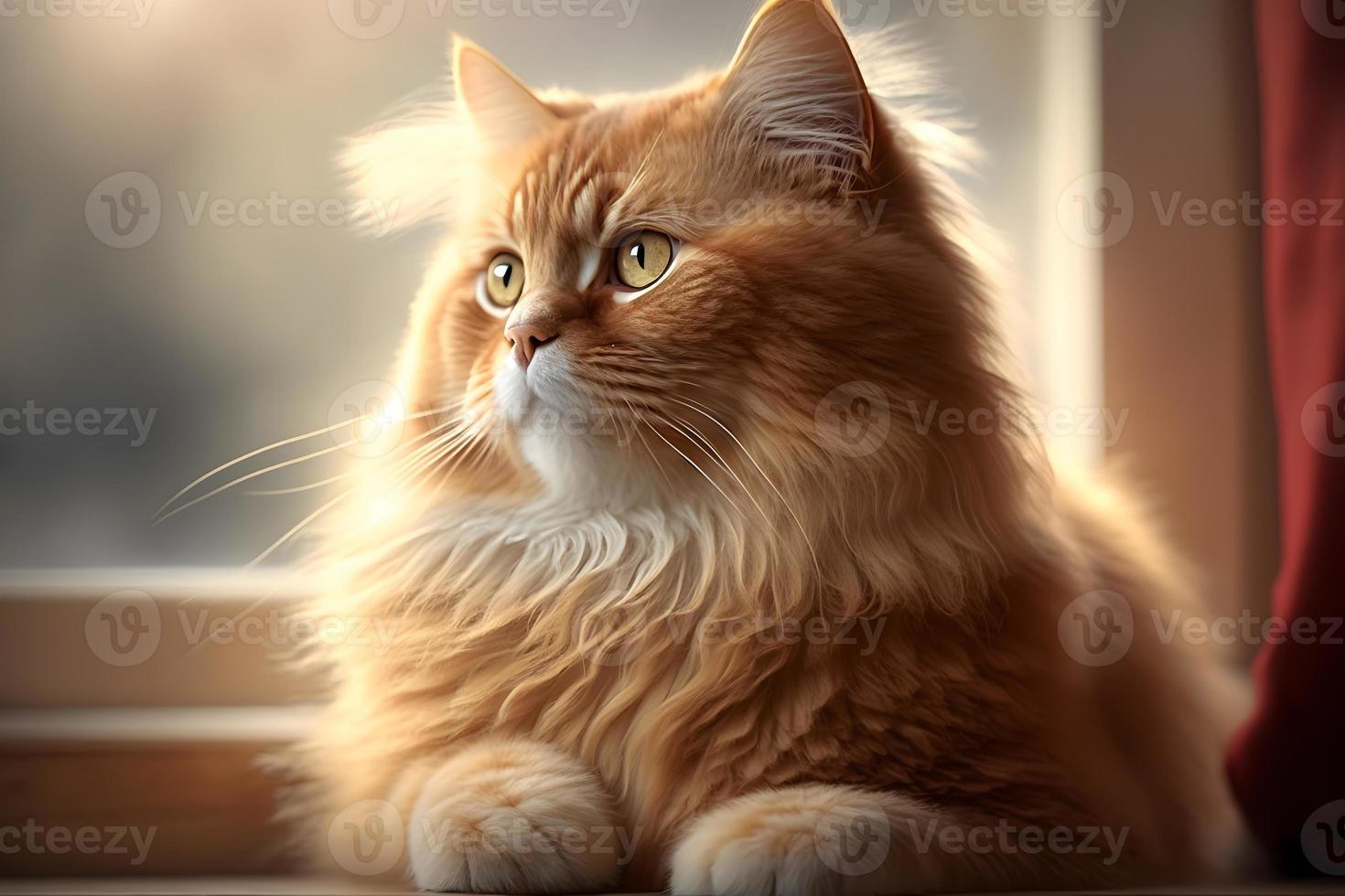 Portrait of a funny beautiful red fluffy cat in the interior, pets photography photo