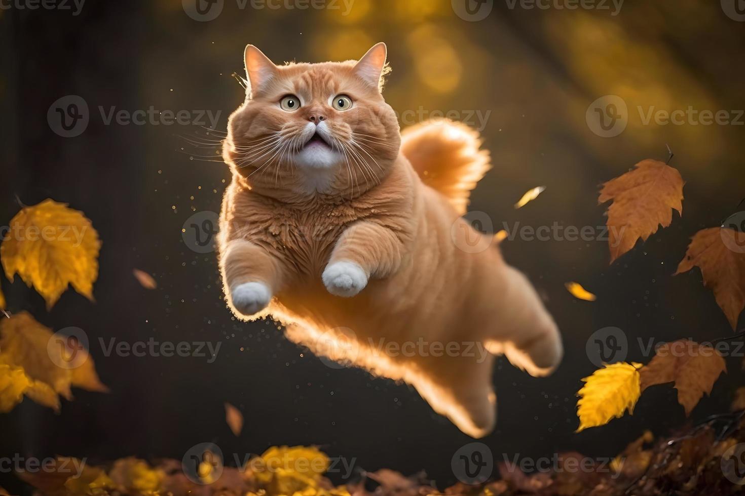 retrato gracioso rojo gato volador en el aire en otoño fotografía foto