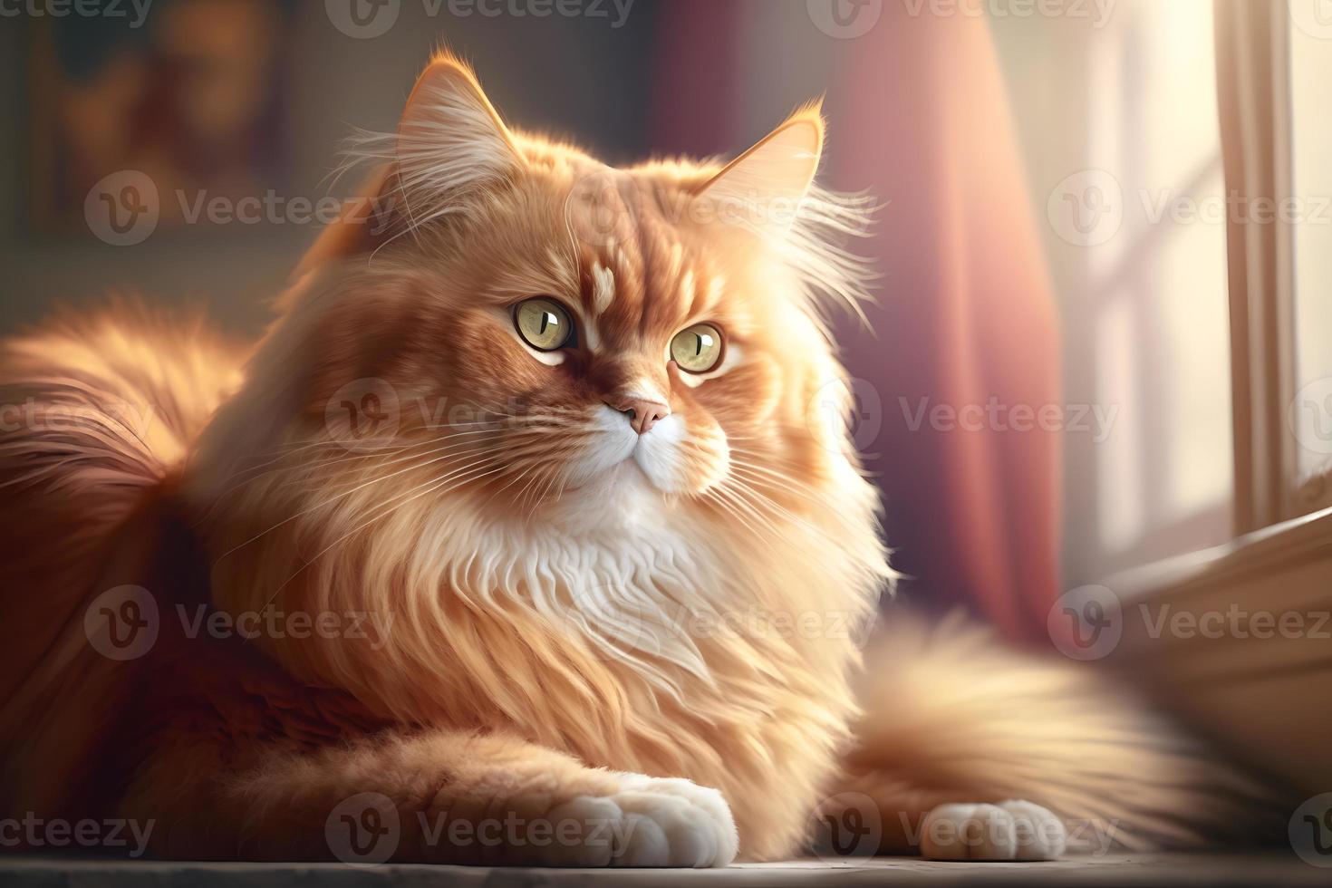 Portrait of a funny beautiful red fluffy cat in the interior, pets photography photo