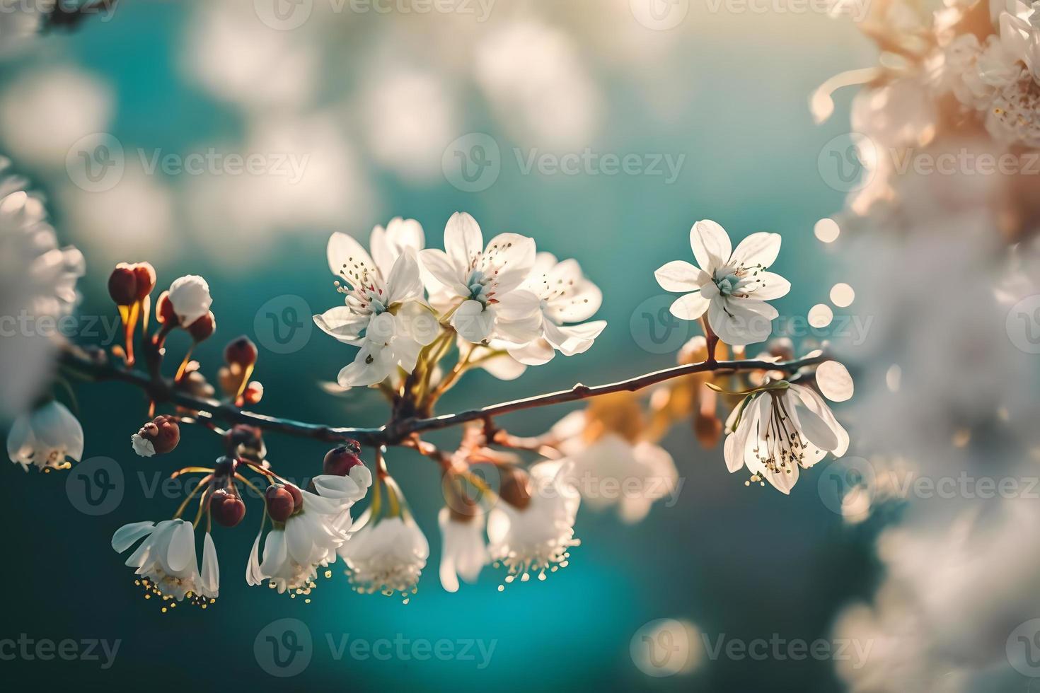 Photos Branches of blossoming cherry macro with soft focus on gentle light blue sky background in sunlight with copy space. Beautiful floral image of spring nature, photography