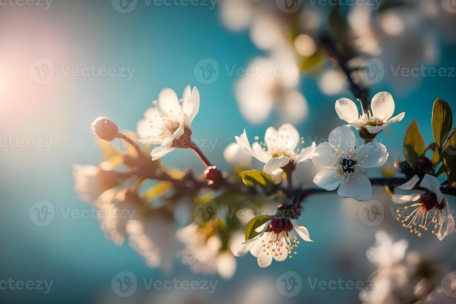 Photos Branches of blossoming cherry macro with soft focus on gentle light blue sky background in sunlight with copy space. Beautiful floral image of spring nature, photography