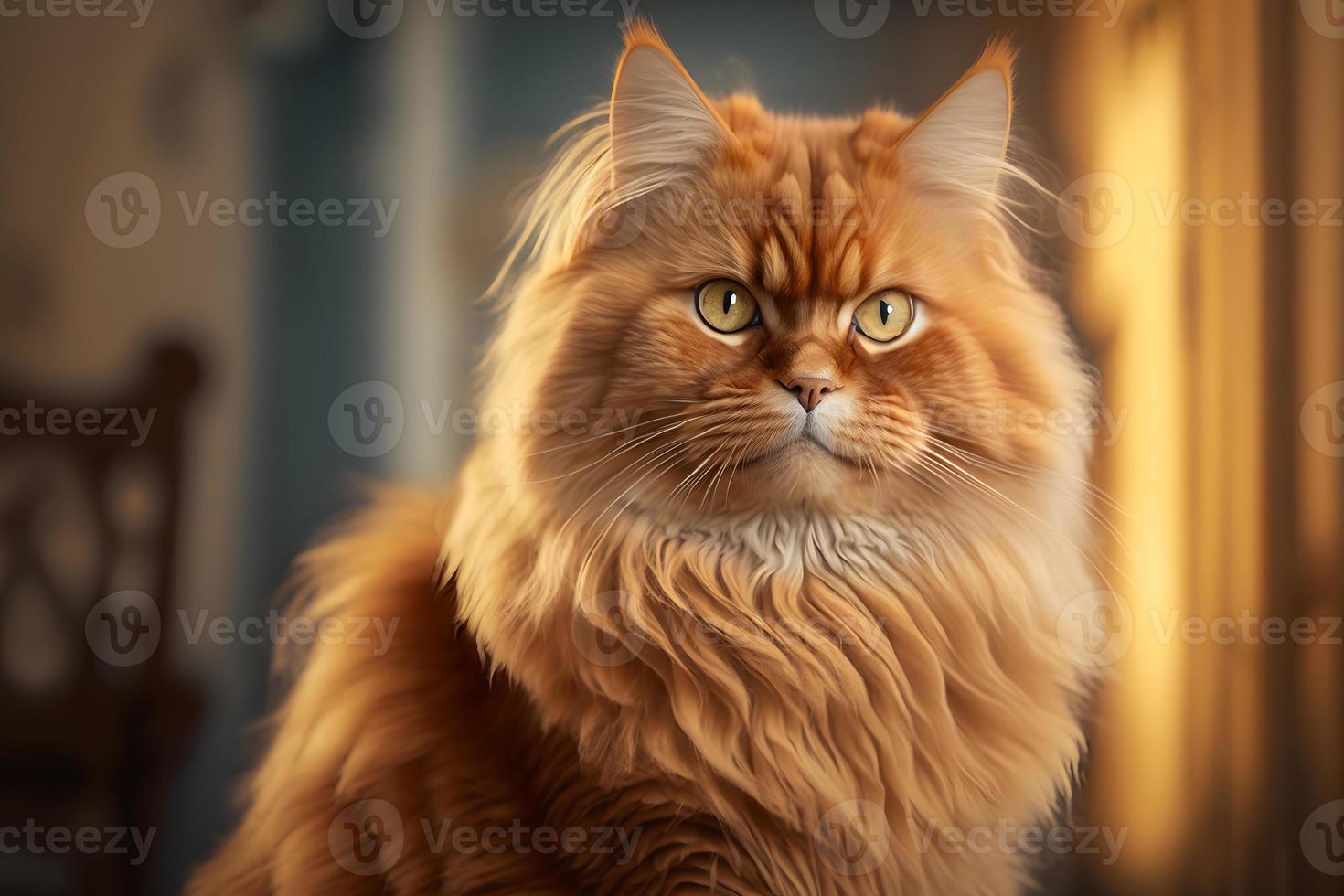 Portrait of a funny beautiful red fluffy cat in the interior, pets photography photo