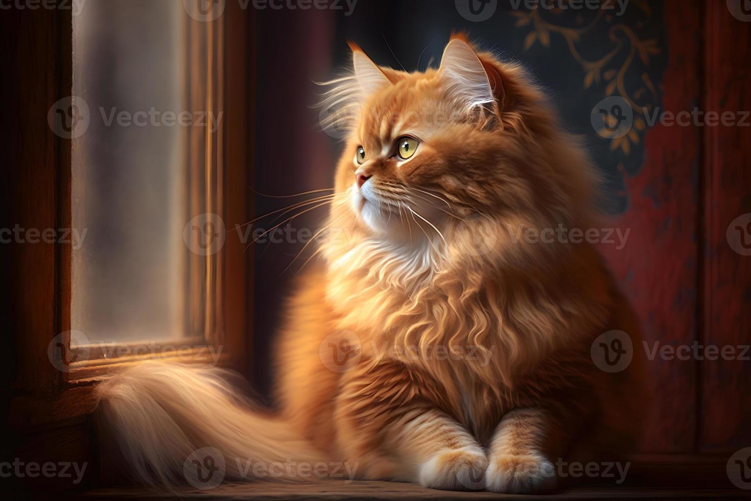 Portrait of a funny beautiful red fluffy cat in the interior, pets photography photo