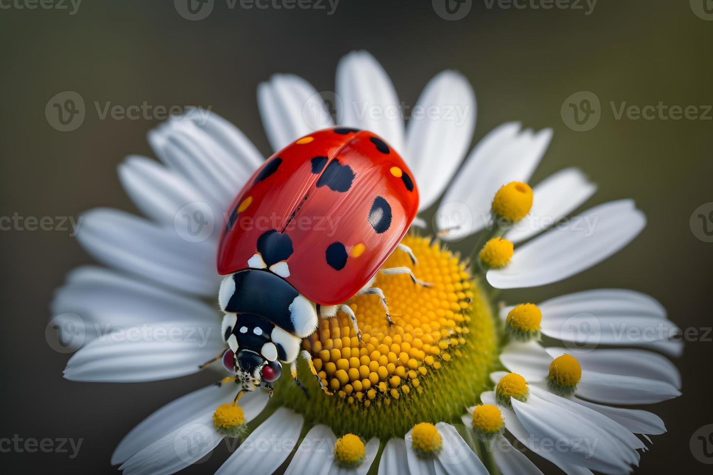 photo red ladybug on camomile flower, ladybird creeps on stem of plant in spring in garden in summer, photography