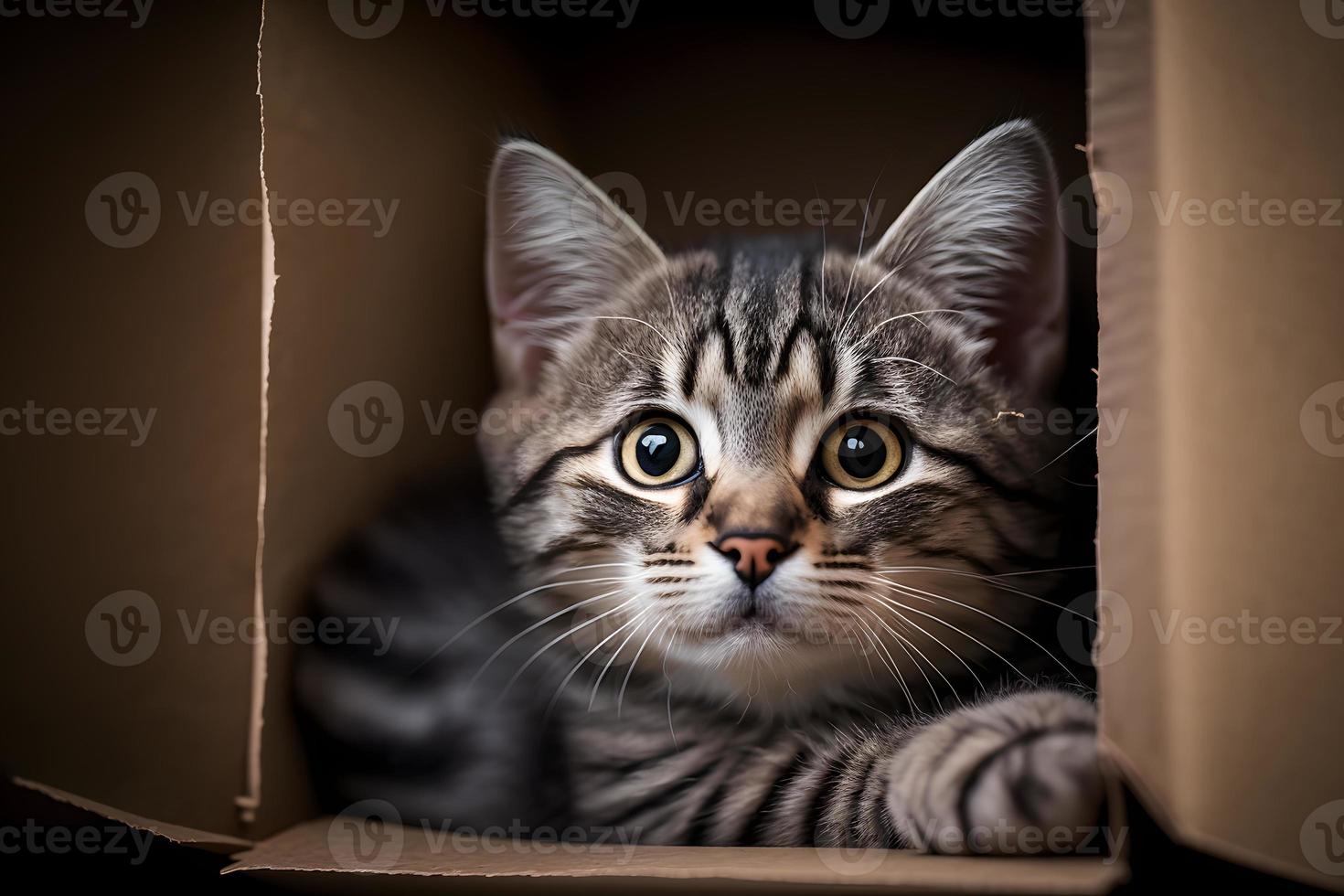 retrato linda gris atigrado gato en cartulina caja en piso a hogar fotografía foto