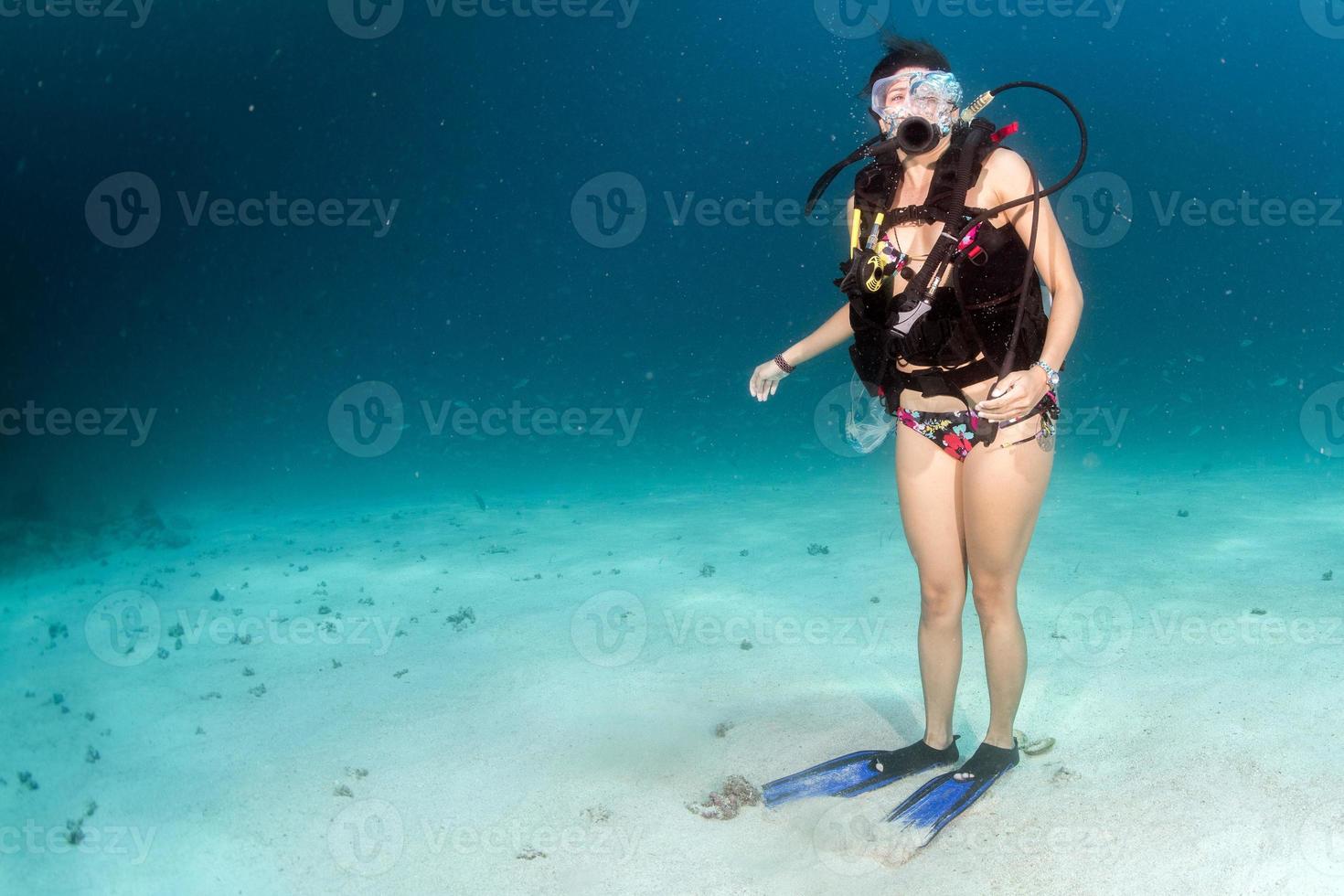 Beaytiful Latina Diver standing on sand photo