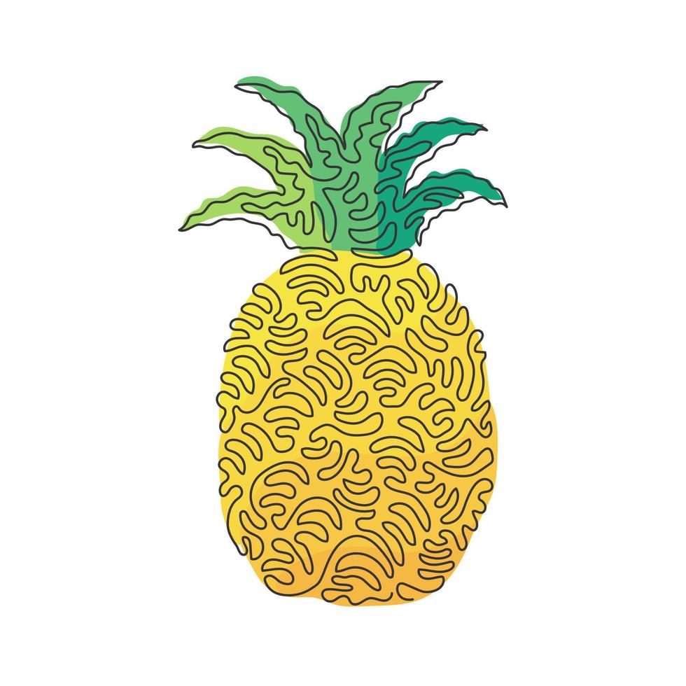 Continuous one line drawing whole healthy pineapple organic for orchard logo. Fresh summer fruitage concept for fruit garden icon. Swirl curl style. Single line draw design graphic vector illustration