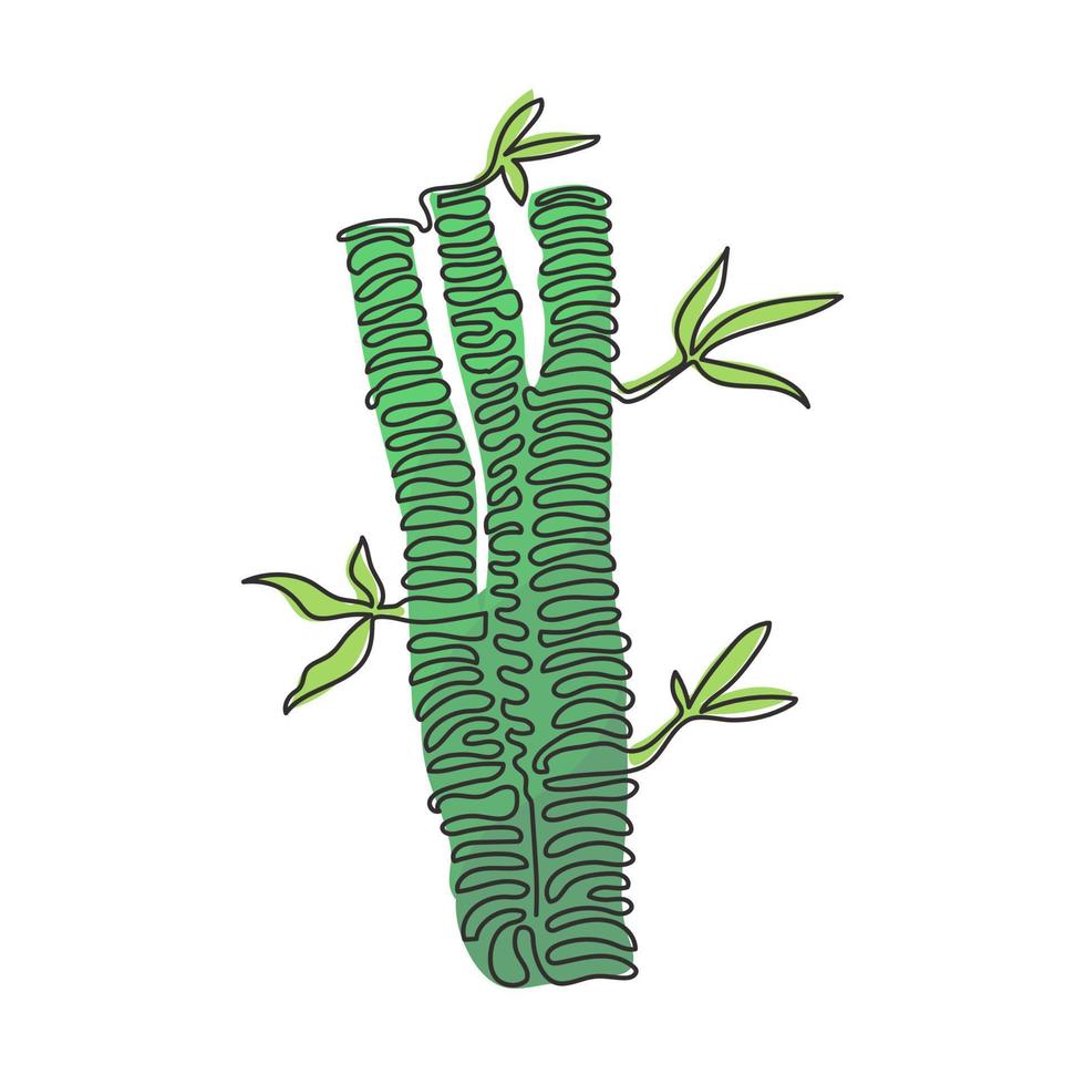 Continuous one line drawing bamboo trees for plantation logo identity. Fresh evergreen perennial flowering plant concept for plant icon. Swirl curl style. Single line draw design vector illustration