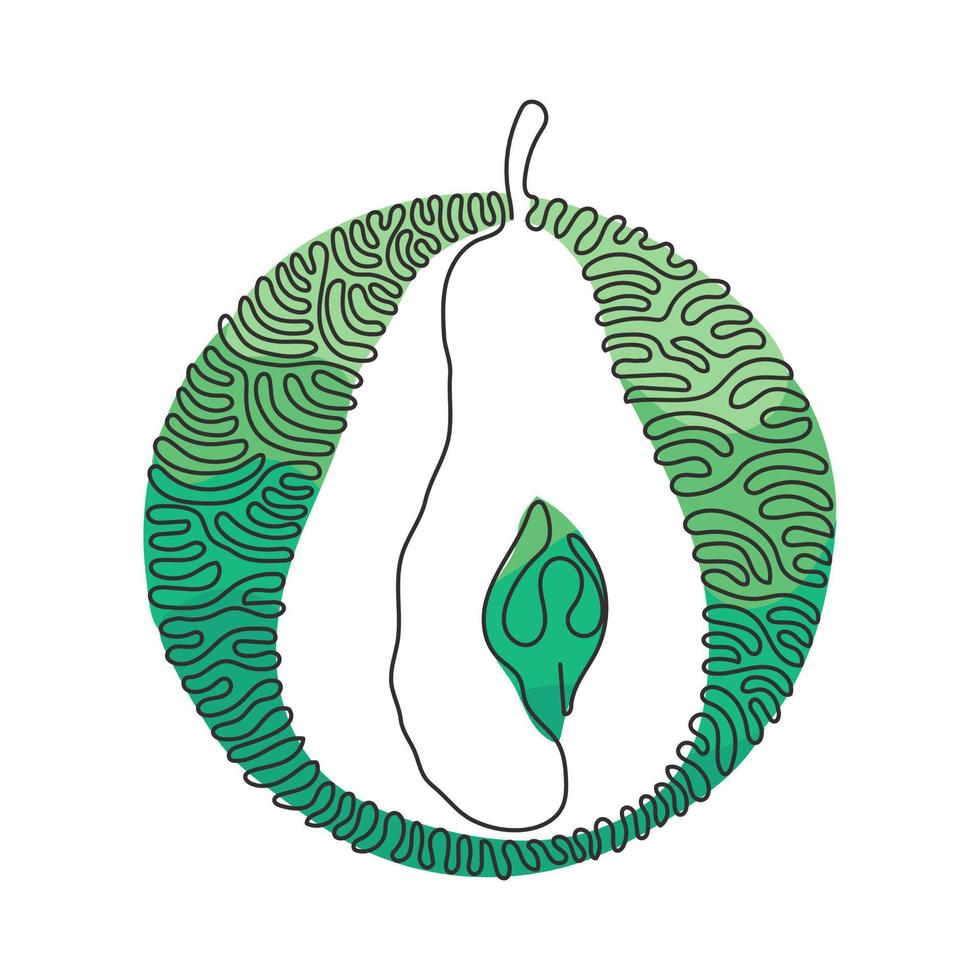 Single one line drawing sliced healthy organic pear for orchard logo. Fresh summer fruitage for fruit garden icon. Swirl curl circle background style. Continuous line draw design vector illustration
