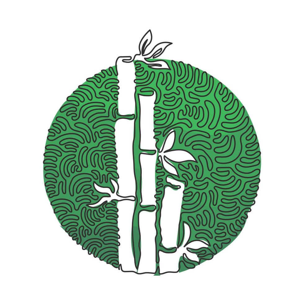 Continuous one line drawing bamboo trees for plantation logo identity. Fresh evergreen perennial flowering plant for plant icon. Swirl curl circle background style. Single line draw design vector