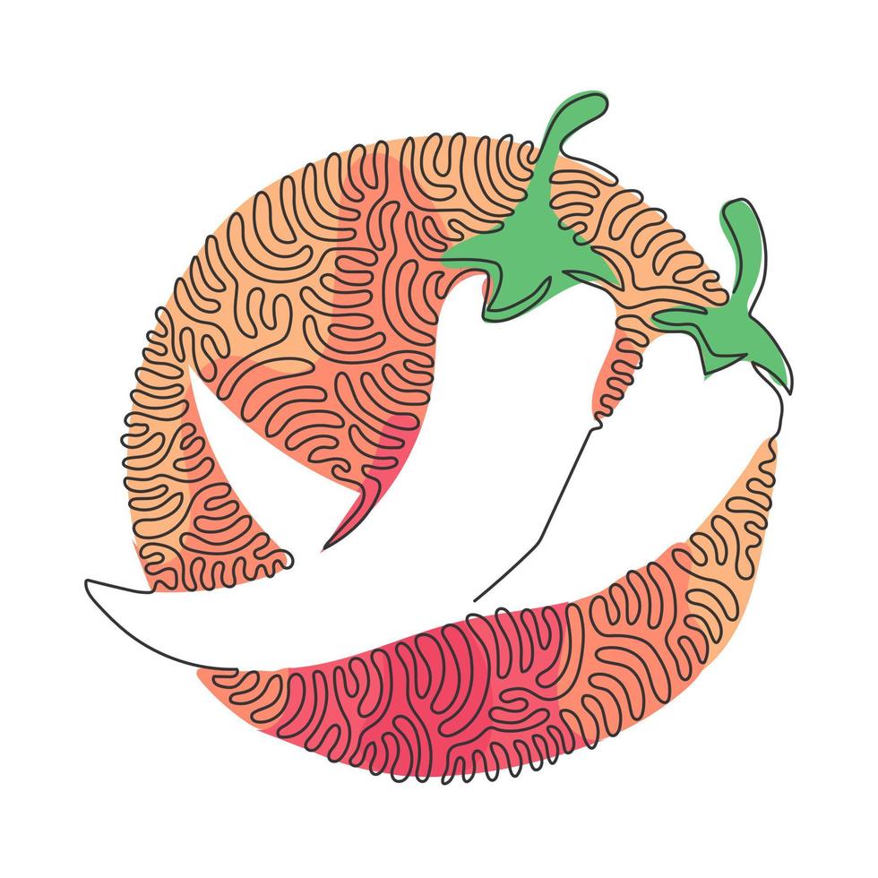 dibujo de una sola línea chiles picantes orgánicos saludables enteros para el logotipo de la granja. concepto de ají fresco para icono vegetal. estilo del fondo del círculo del rizo del remolino. Ilustración de vector de diseño de línea continua