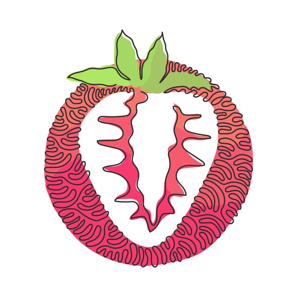 Single one line drawing sliced healthy organic strawberry for orchard logo identity. Fresh berry fruitage for fruit garden icon. Swirl curl circle background style. Continuous line draw design vector