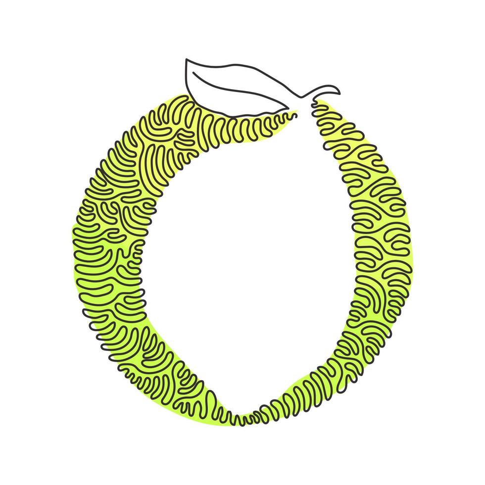 Single one line drawing whole healthy organic lemon for orchard logo identity. Fresh zest fruitage concept for fruit garden icon. Swirl curl circle background style. Continuous line draw design vector