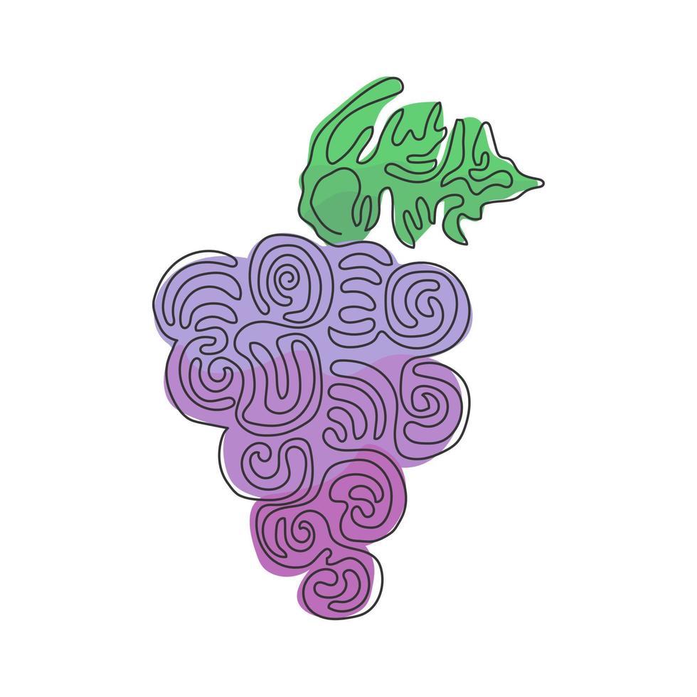 Continuous one line drawing healthy organic grapes for vineyard logo. Fresh tropical fruitage concept for fruit orchard garden icon. Swirl curl style. Single line draw design vector illustration