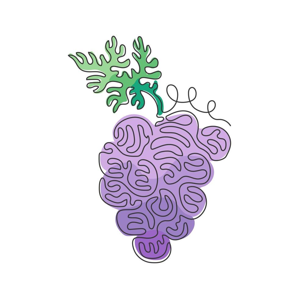 Single continuous line drawing healthy organic grapes for vineyard logo identity. Fresh tropical fruitage concept for fruit orchard garden icon. Swirl curl style. One line draw graphic design vector