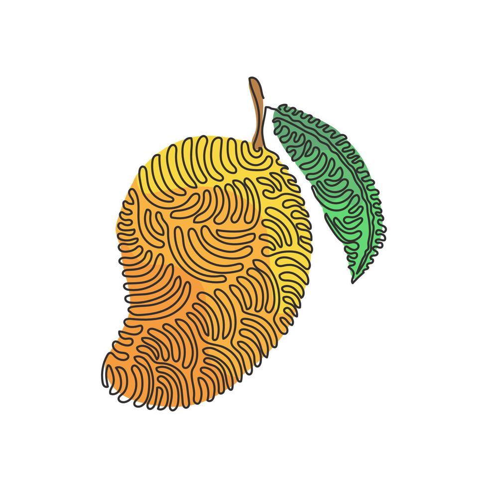 Single one line drawing healthy organic mango for orchard logo identity. Fresh tropical fruitage concept for fruit garden icon. Swirl curl style. Continuous line design graphic vector illustration