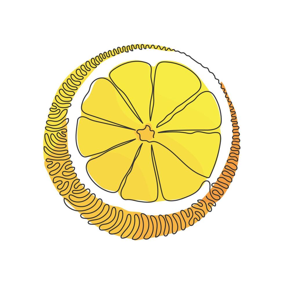 Single one line drawing sliced healthy organic orange for orchard logo identity. Fresh tropical fruitage concept. Swirl curl circle background style. Modern continuous line draw design graphic vector