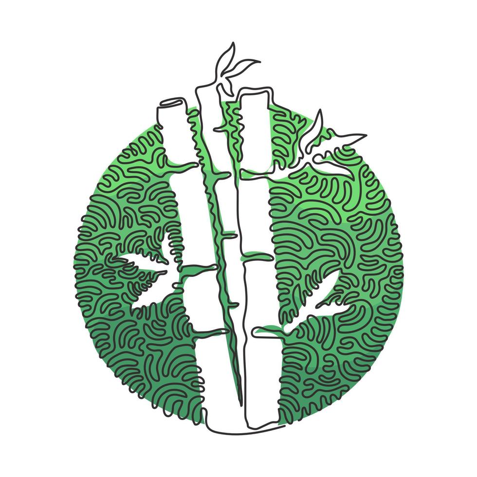 Continuous one line drawing bamboo trees for plantation logo. Fresh evergreen perennial flowering plant for plant icon. Swirl curl circle background style. Single line draw design vector illustration