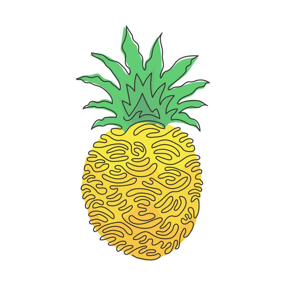 Single one line drawing pineapple fruit. Summer fruits for healthy lifestyle. Exotic and delicious tropical fruit. Swirl curl style. Modern continuous line draw design graphic vector illustration