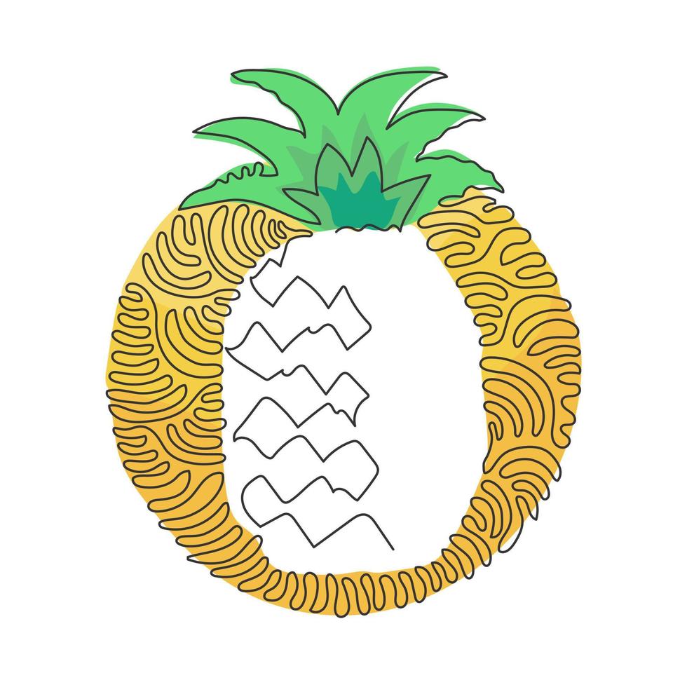 Continuous one line drawing whole healthy pineapple organic for orchard logo. Fresh summer fruitage concept for fruit garden icon. Swirl curl circle background style. Single line draw design vector