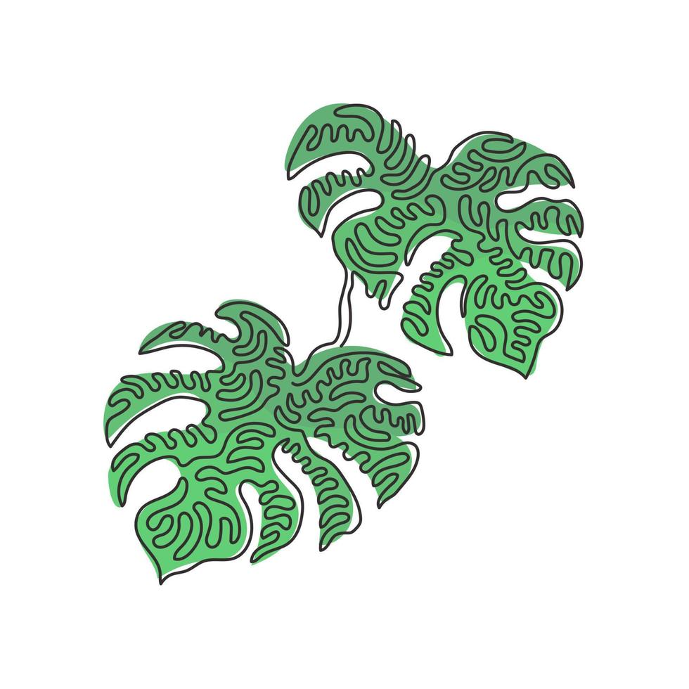 Single one line drawing monstera leaf. Tropical leaves minimalistic style, abstract floral pattern concept for poster, wall decor print. Swirl curl style. Continuous line design vector illustration