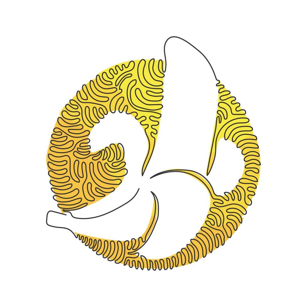 Single continuous line drawing slice ripe healthy organic banana orchard logo. Fresh tropical fruitage concept for fruit garden icon. Swirl curl circle background style. One line draw design vector