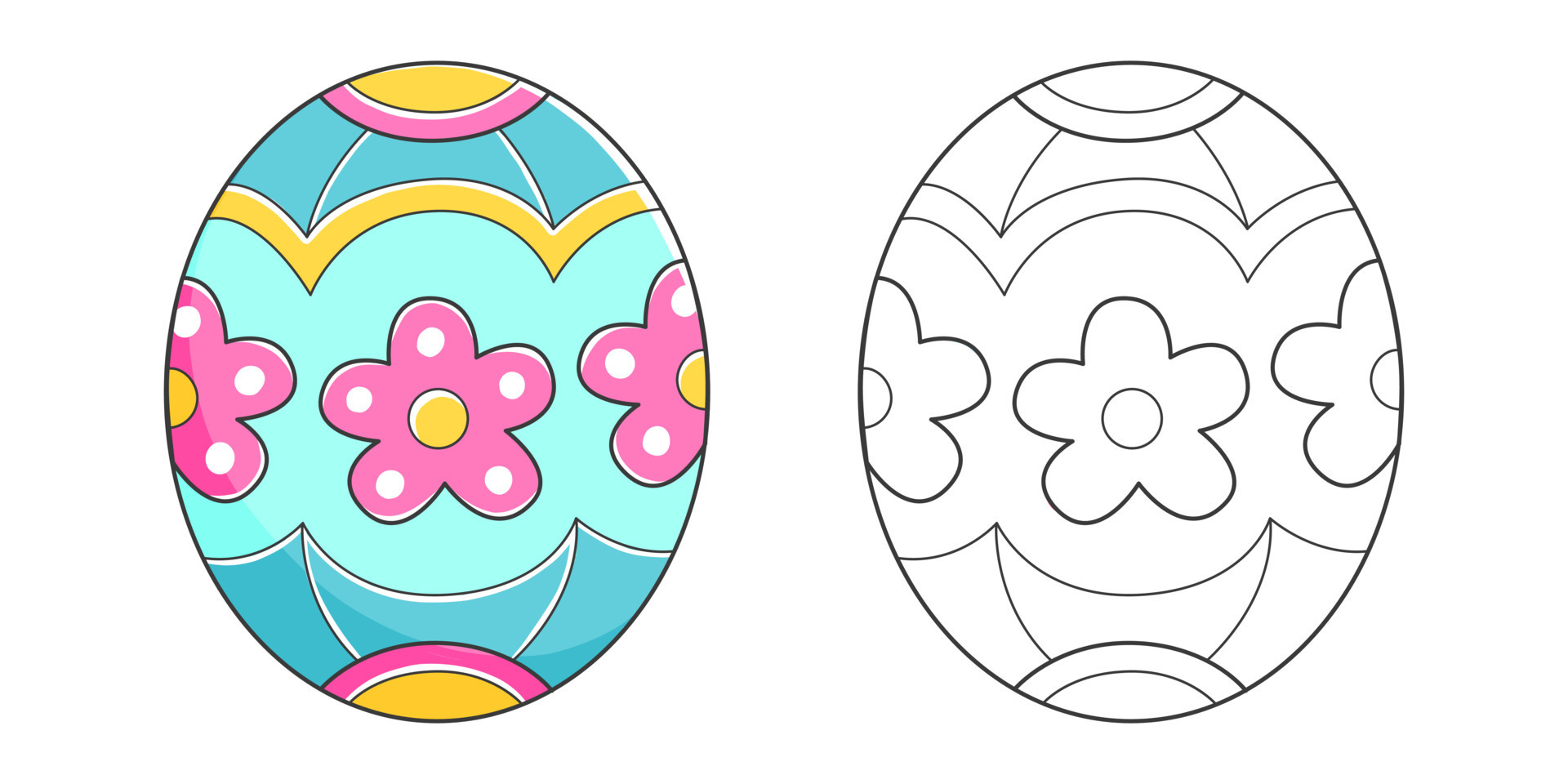 Easter egg coloring book with coloring example for kids. Coloring page