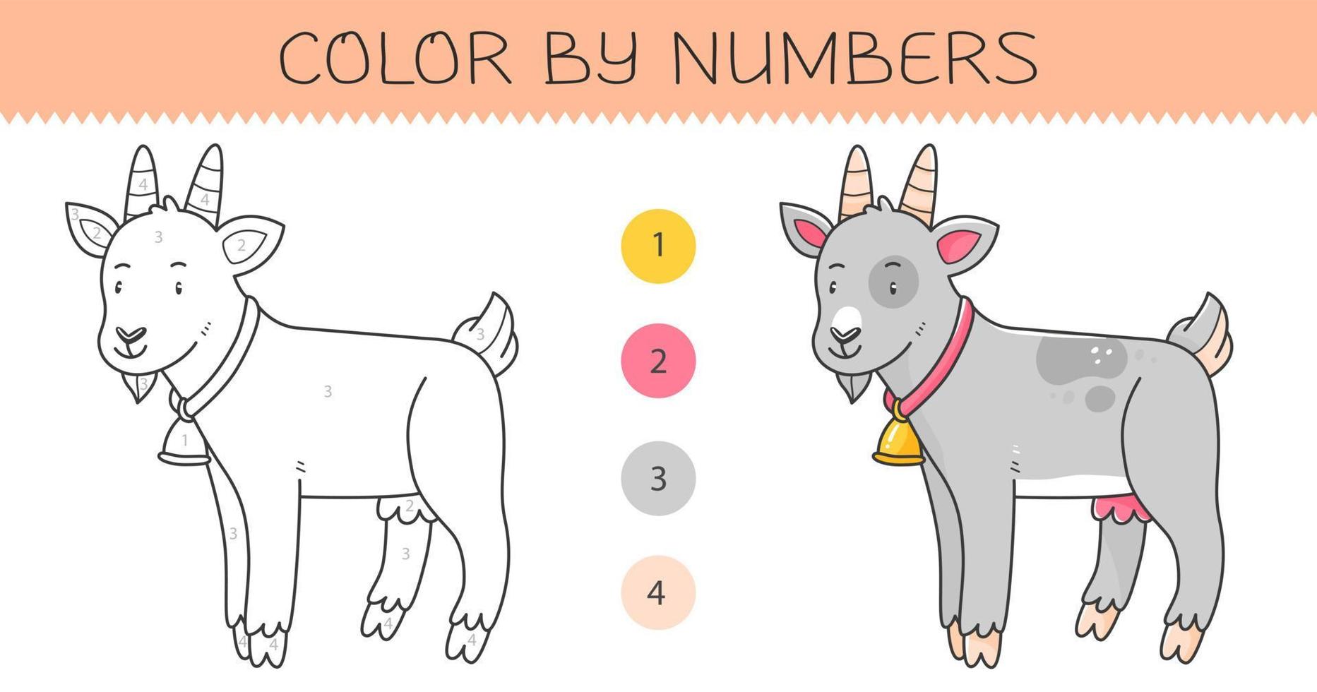 Color by numbers coloring book for kids with goat. Coloring page with cute cartoon goat with an example for coloring. Monochrome and color versions. Vector illustration.