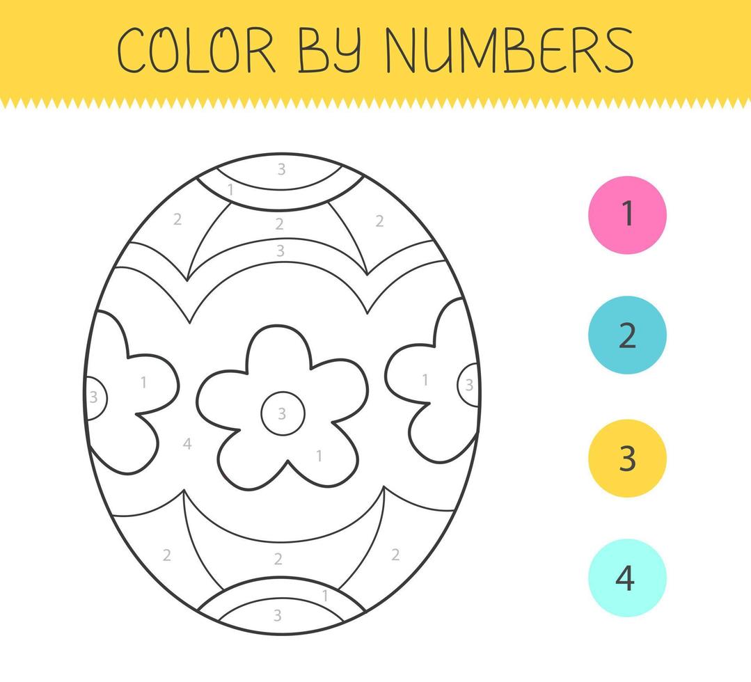 Color by numbers coloring book for kids with easter egg. Coloring page with cute cartoon easter egg. Monochrome black and white. Vector illustration.