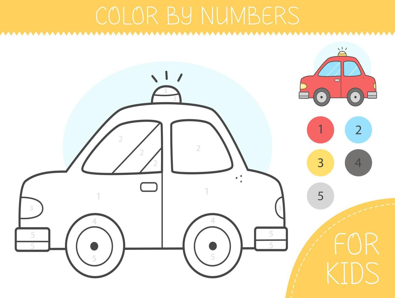 Color by numbers coloring page for kids with car. Coloring book with cute cartoon car with an example for coloring. Monochrome and color versions. Vector illustration.