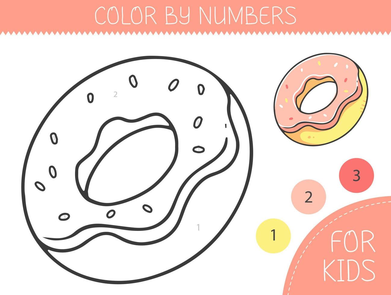 Color by numbers coloring page for kids with donut. Coloring book with cute cartoon donut with an example for coloring. Monochrome and color versions. Vector illustration.