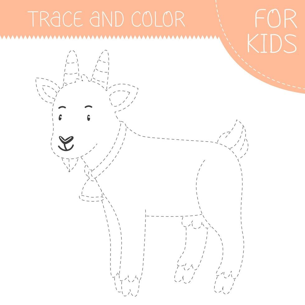 Trace and color coloring book with goat for kids. Coloring page with cartoon goat. Vector square illustration.