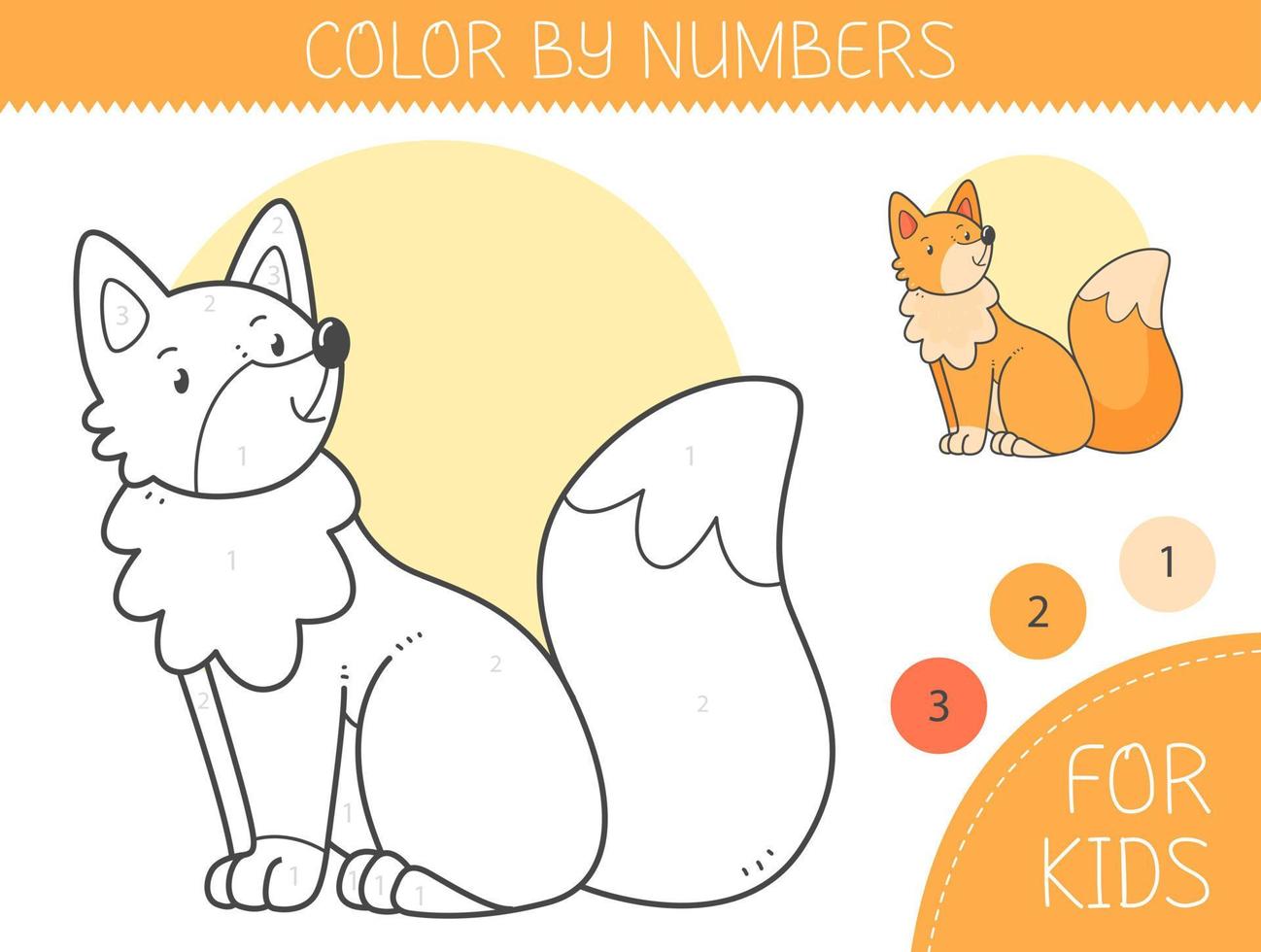 Color by numbers coloring page for kids with fox. Coloring book with cute cartoon fox with an example for coloring. Monochrome and color versions. Vector illustration.