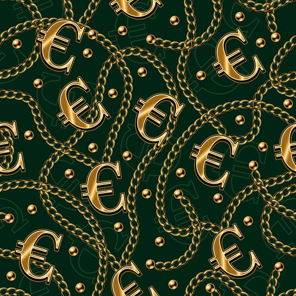 Seamless pattern with shiny gold euro sign, metal classic chains, beads on a black background. Concept of wealth and luxury. Bright vector illustration.