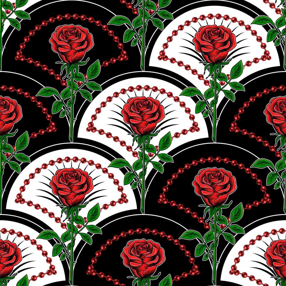 Seamless pattern with diagonal shell shaped grid, red roses with stem, strings of red beads. Classic high contrast vintage background. Vector