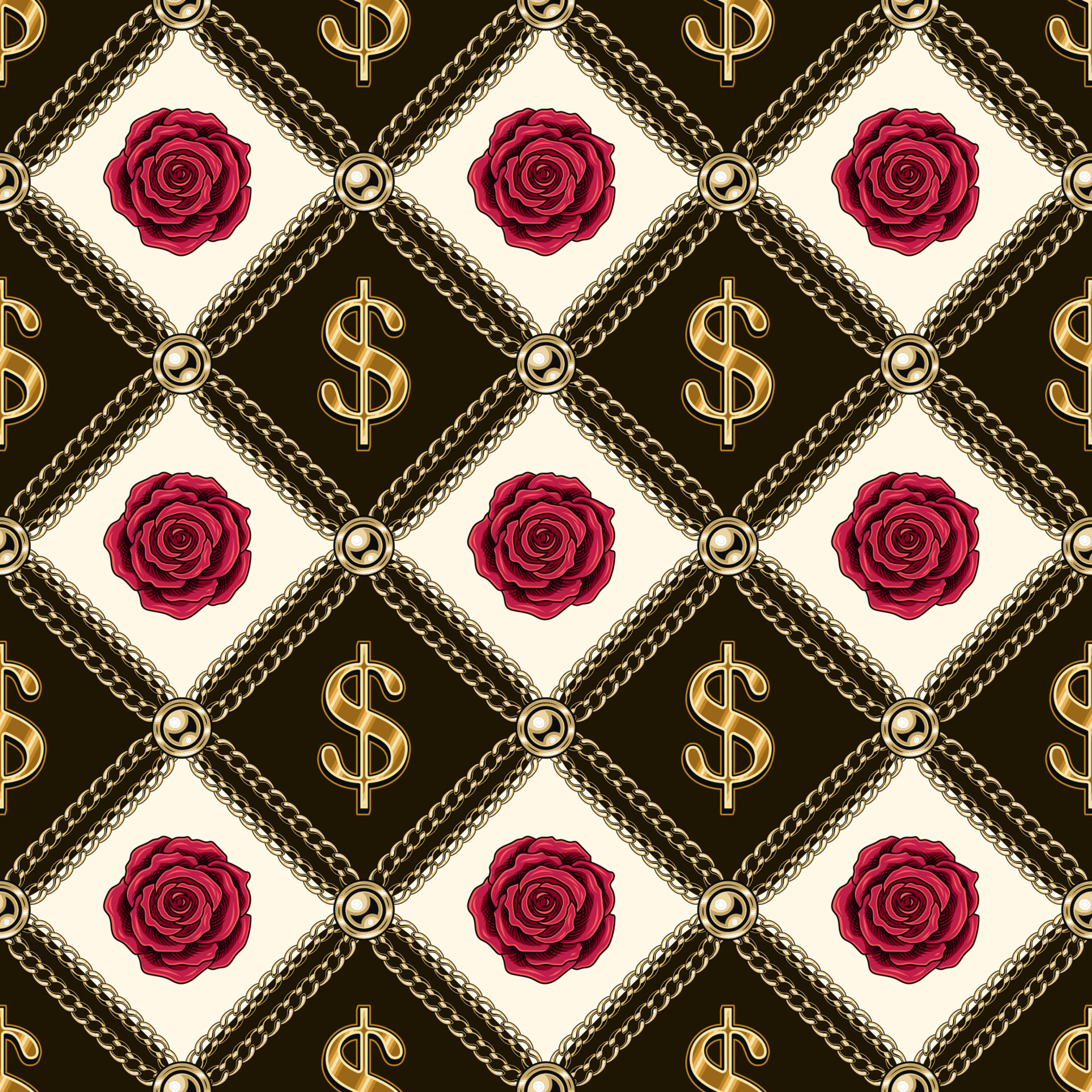 Staggered luxury vintage pattern with shiny gold dollar sign, chains,  beads, crimson roses. Vector seamless background. 20385346 Vector Art at  Vecteezy