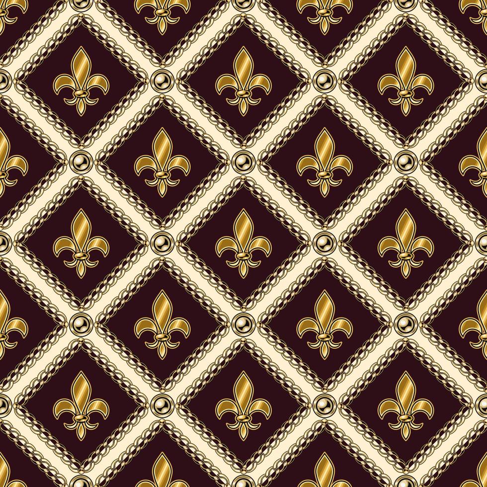 Checkered vintage black and white pattern with gold heraldic lily flowers, gold chains, buttons. Classic square grid. Vector fleur de lis seamless background